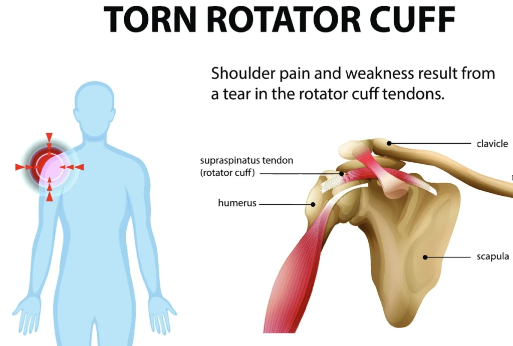 torn rotator cuff diagram with a focus on the internal shoulder anatomy and where the pain is in the body.