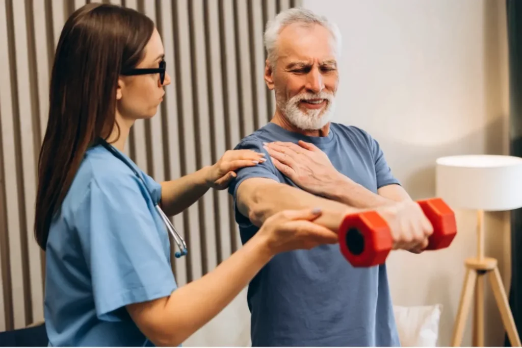 Orthopedic doctor helping patient